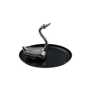 Vintage Umbra Design Black Trinket Jewelry Dish Silver Tone Swan MCM